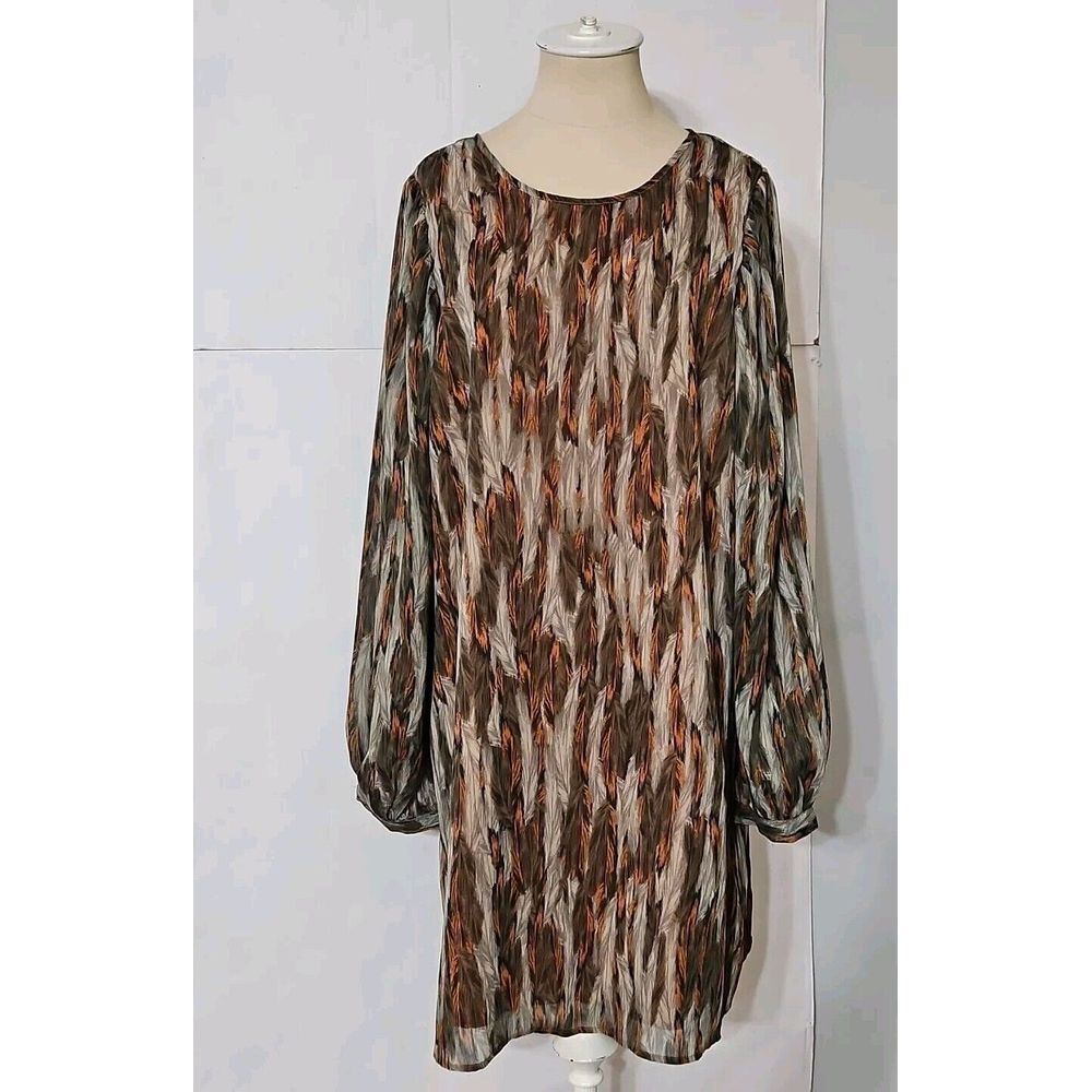 Nicole Richie Collection Dress Burnt Orange Gray Feather Print Lined Size Medium
